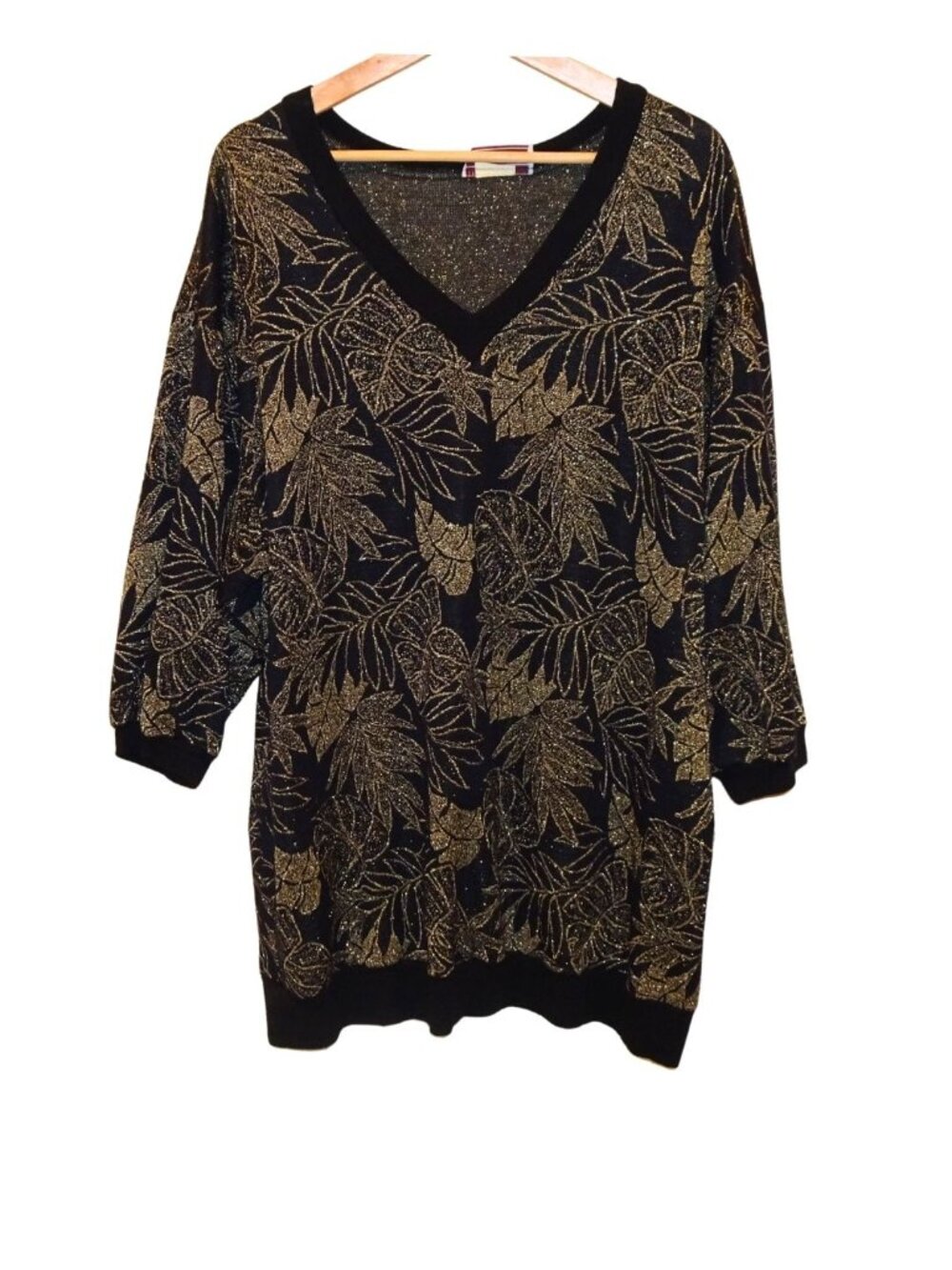 Sharon Anthony Vintage Black/Gold Shortsleeve Monstera Leafprint top